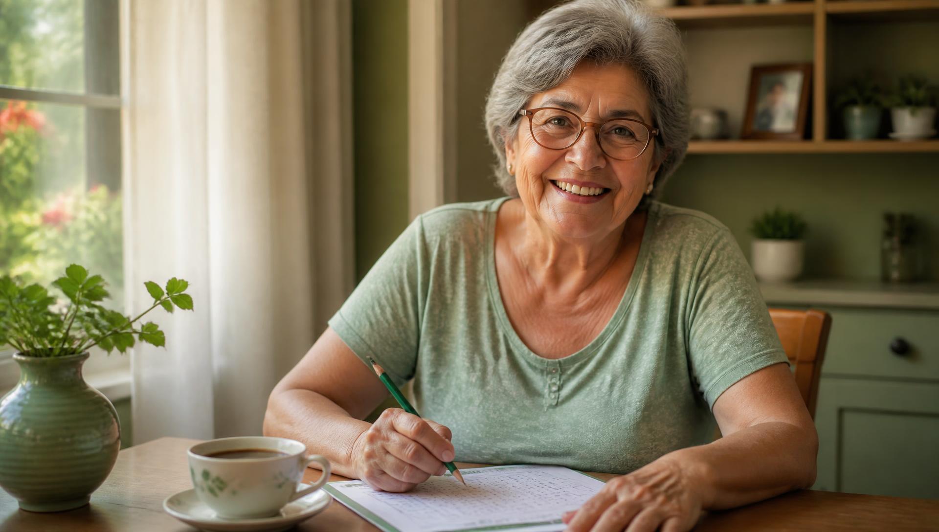 Senhora sorrindo enquanto faz as atividades impressas do Vida Plena em casa